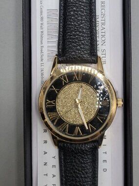 Manhattan by Croton Ladies Gold Glitter Watch CM404250 Black Band 39mm 7.5"